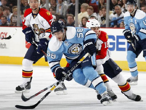 Kris Letang fights for the puck in a 6-1 losing effort against the Florida Panthers in January