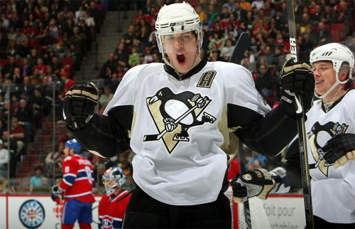 Evgeni Malkin celebrates after scoring a goal against Carey Price on 4/11/09