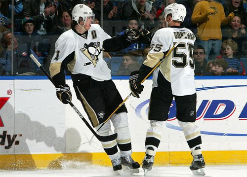 Evgeni Malkin and Sergei Gonchar Celebrate a goal in the second period