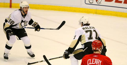 Kris Letang and Evgeni Malkin Celebrate the Penguins only goal on Sunday