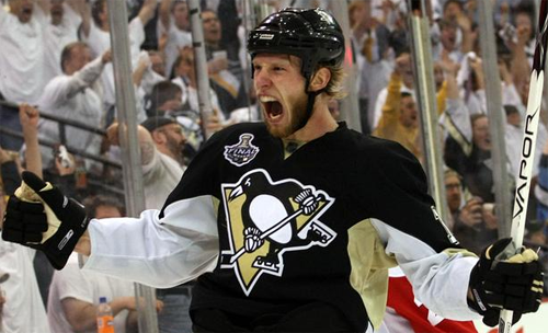 Penguins center Jordan Staal celebrates after his game tieng shorthanded goal in the second period