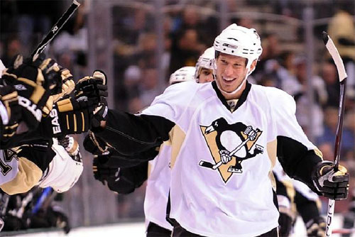 Jordan Staal gets the celebratory pound after his goal in the first period