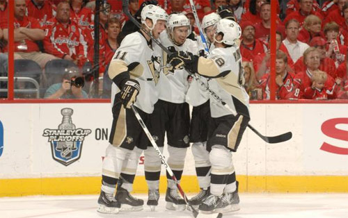 The Penguins Celebrate after a goal on 5/9