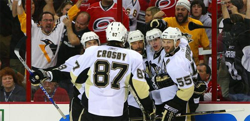 The Penguins celebrate following a goal on 5/23/09