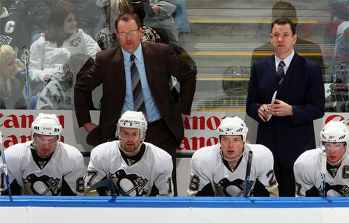 New Coach Dan Bylsma Looks on as his team takes on the Islanders